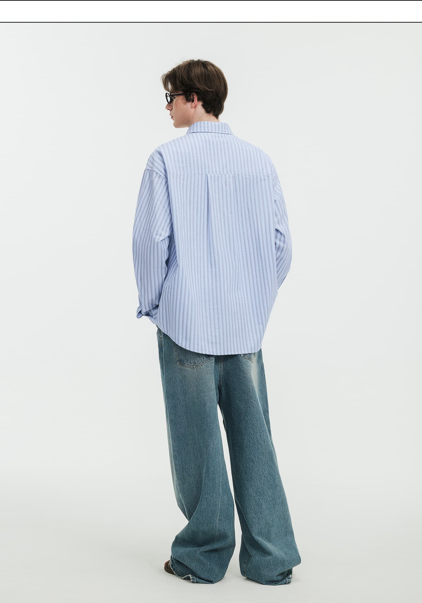 青ファッション 優雅な縦縞ゆったりシャツ