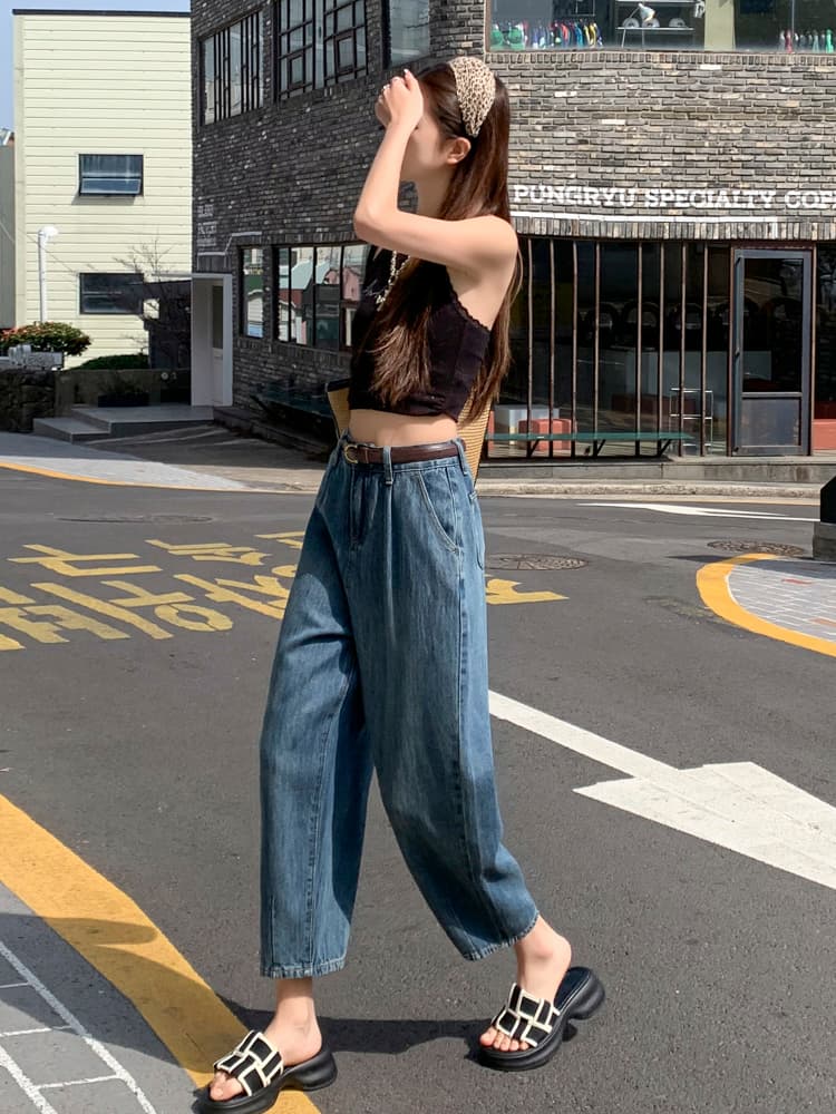 青ファッション ゆったりワイドデニムパンツ