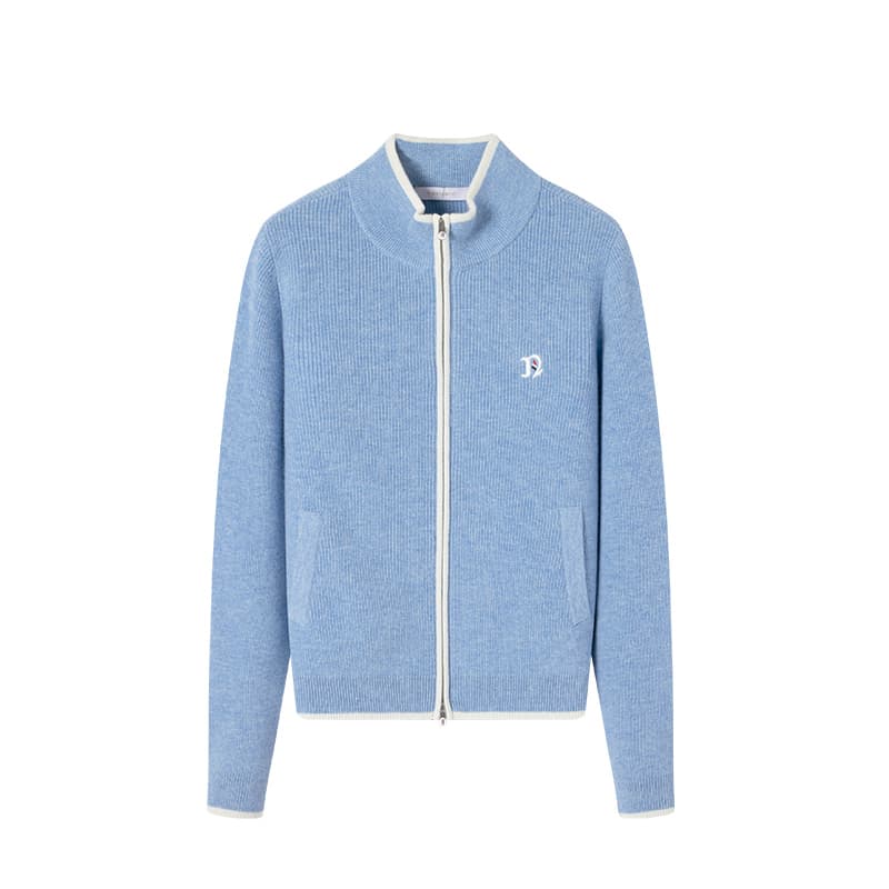 青ファッション ニット ふんわりジップアップニット