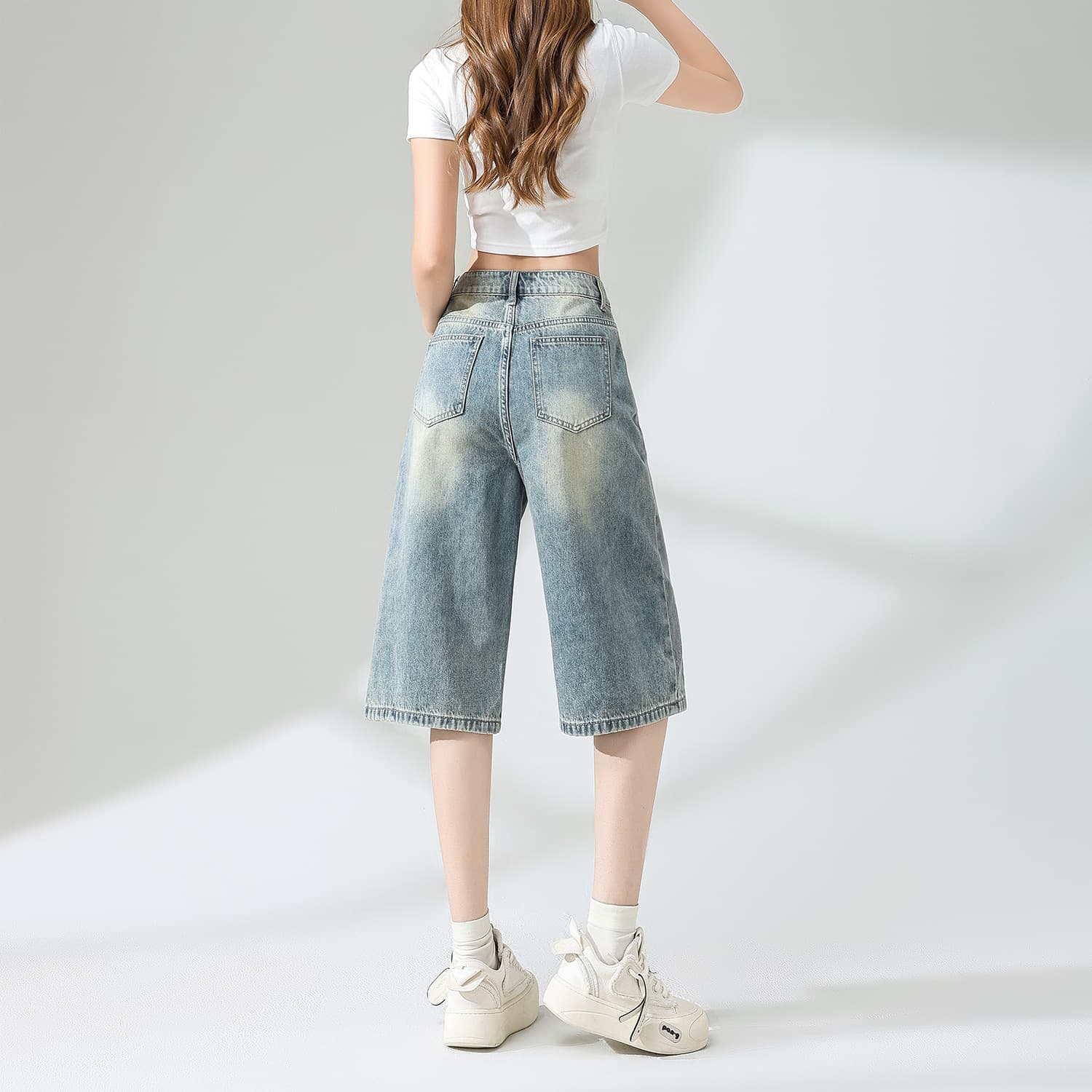 青ファッション ゆったりガウチョデニムパンツ