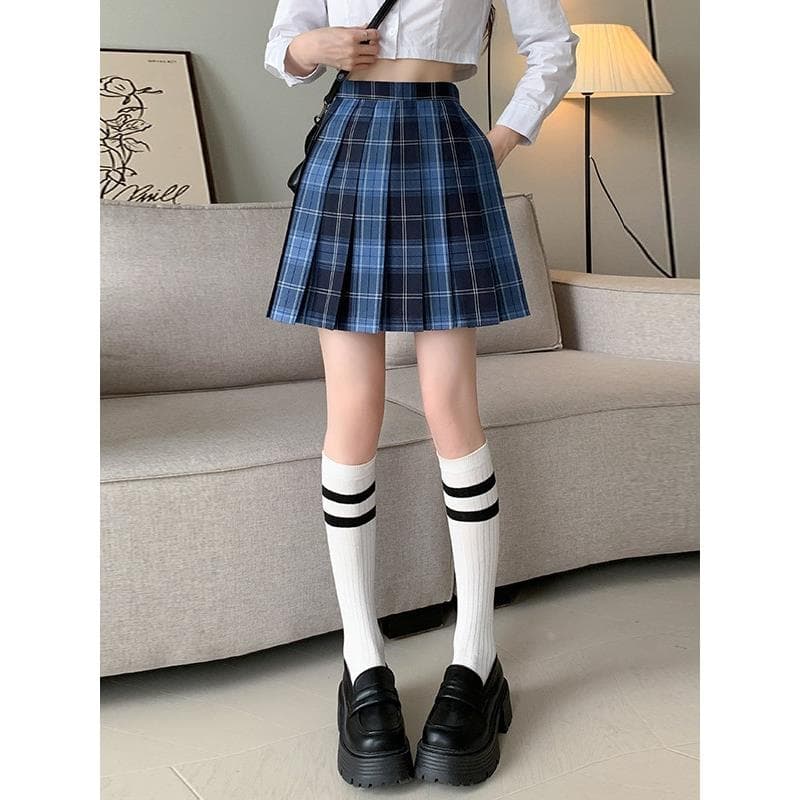 青ファッション スカート プリーツタータンチェックスカート