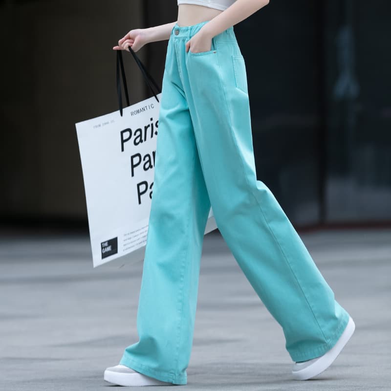青ファッション パンツ ゆったりワイドデニム