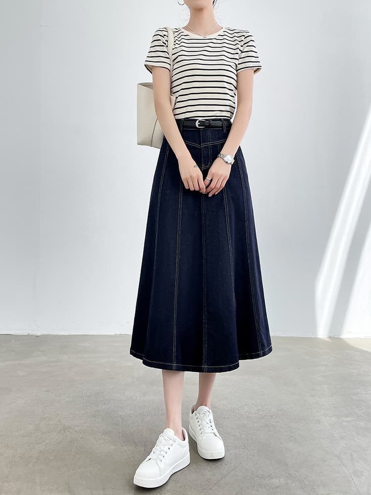 青ファッション ステッチデザインデニムフレアスカート