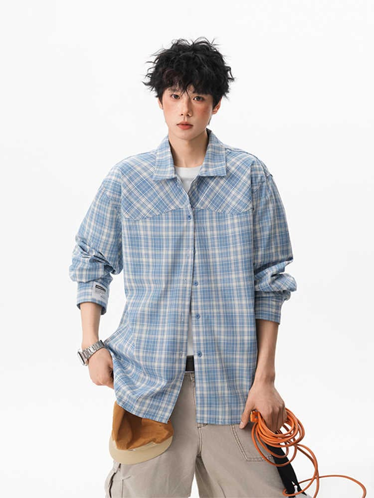 青ファッション 格子柄ゆったりオーバーシャツ