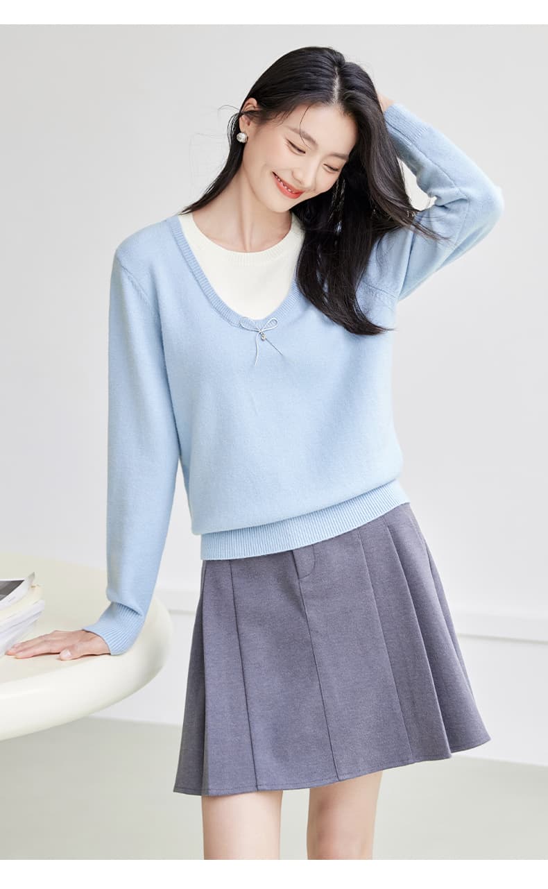 青ファッション ニット リボンVネック重ね着ニット