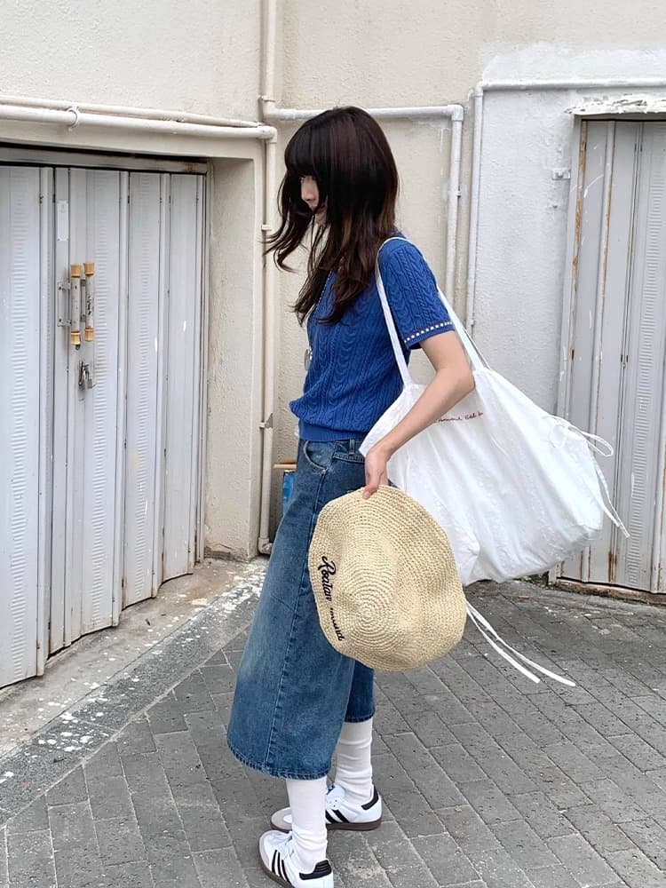 青ファッション 波模様編み襟付き半袖ニットポロ