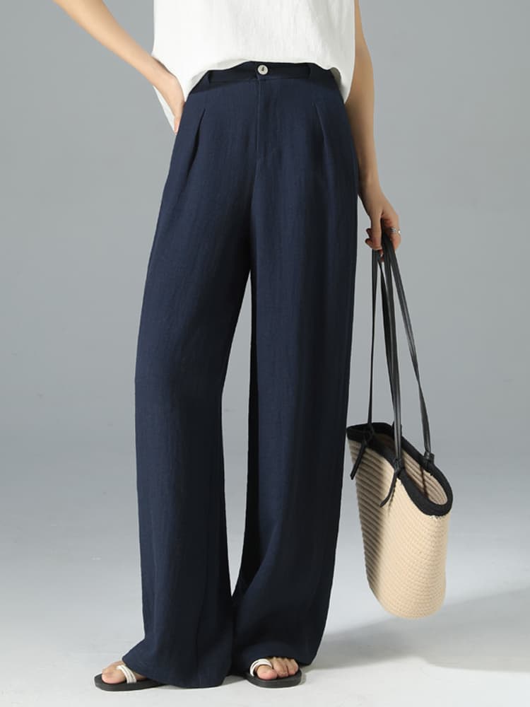 青ファッション リネン風ワイドパンツ
