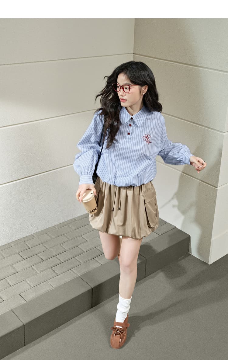 青ファッション シャツ ストライプ柄ゆったりシャツ
