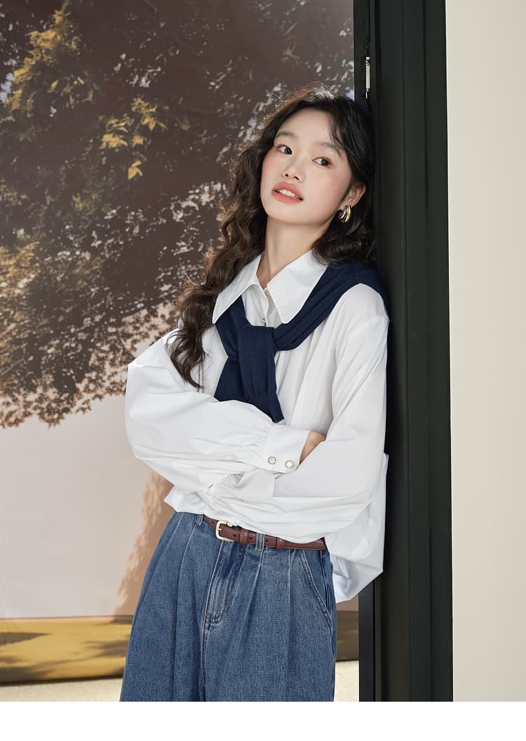 青ファッション シャツ ふんわり袖のきれいめシャツ