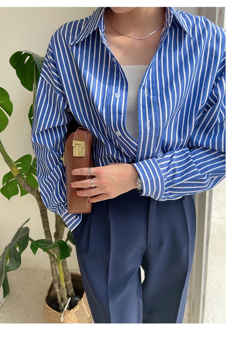 青ファッション シャツ ストライプ柄ゆったりシャツ