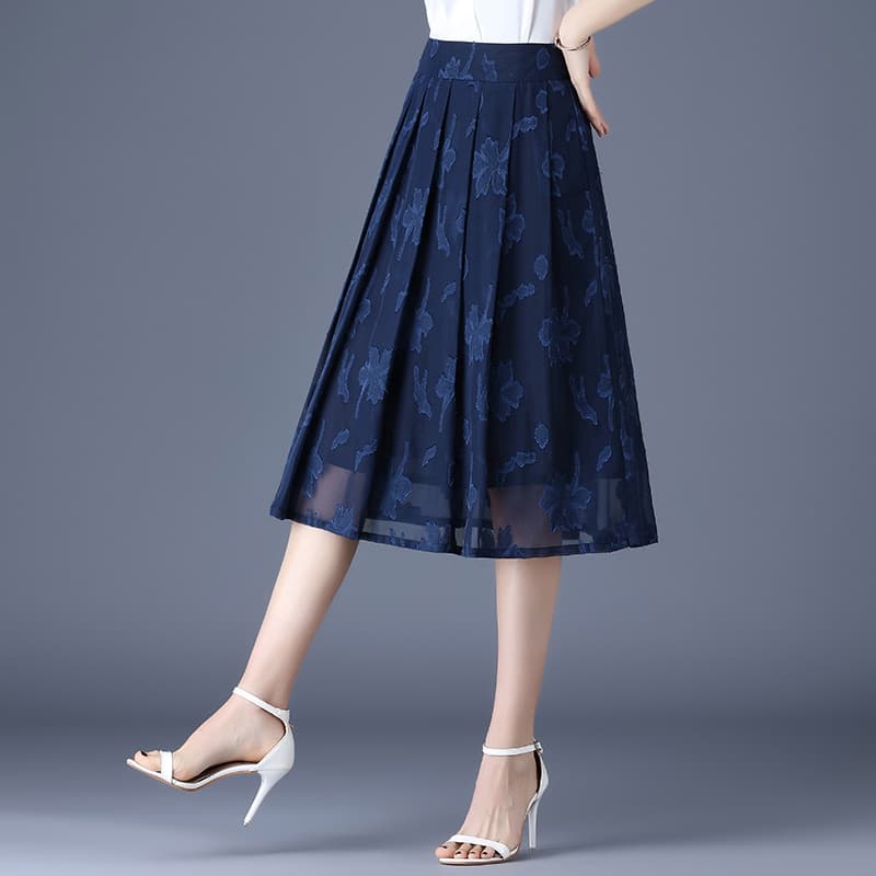青ファッション スカート 花柄プリーツミディボトムス