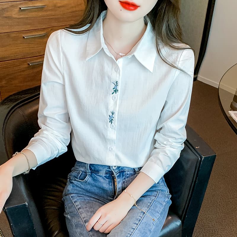 青ファッション ブラウス 刺繍入りトップス