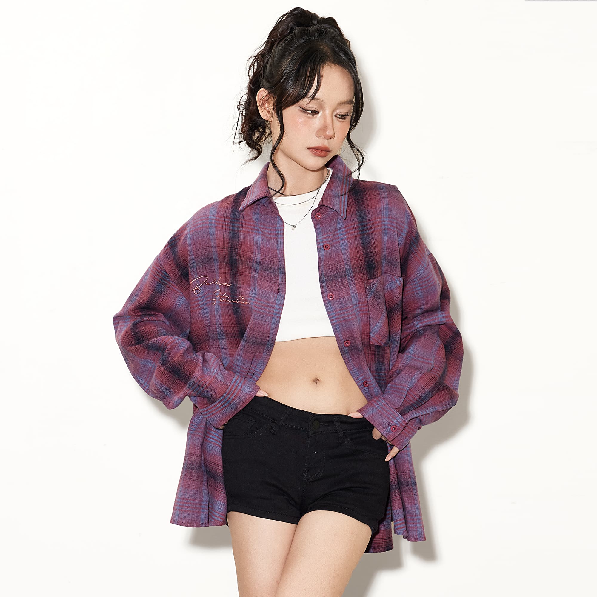 青ファッション シャツ ゆったりチェック柄シャツ