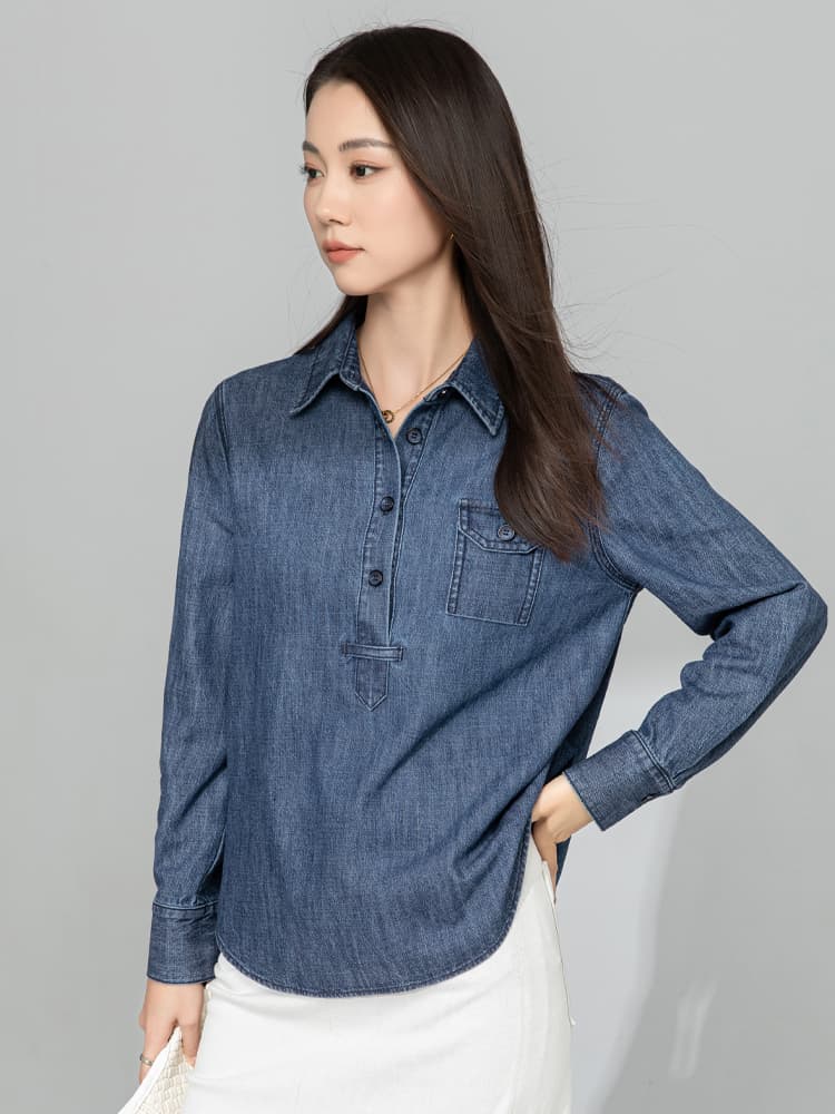 青ファッション プルオーバーデニムシャツ