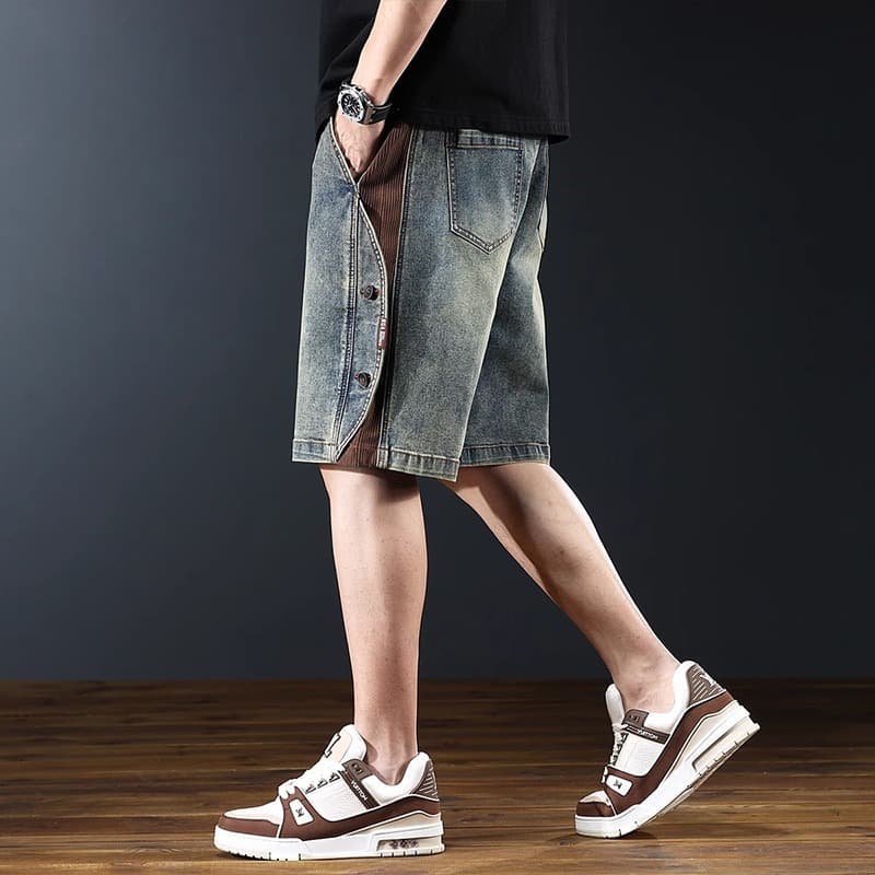 青ファッション サイドボタン デニムハーフパンツ