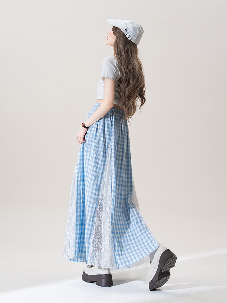 青ファッション 格子レース切替ロングスカート