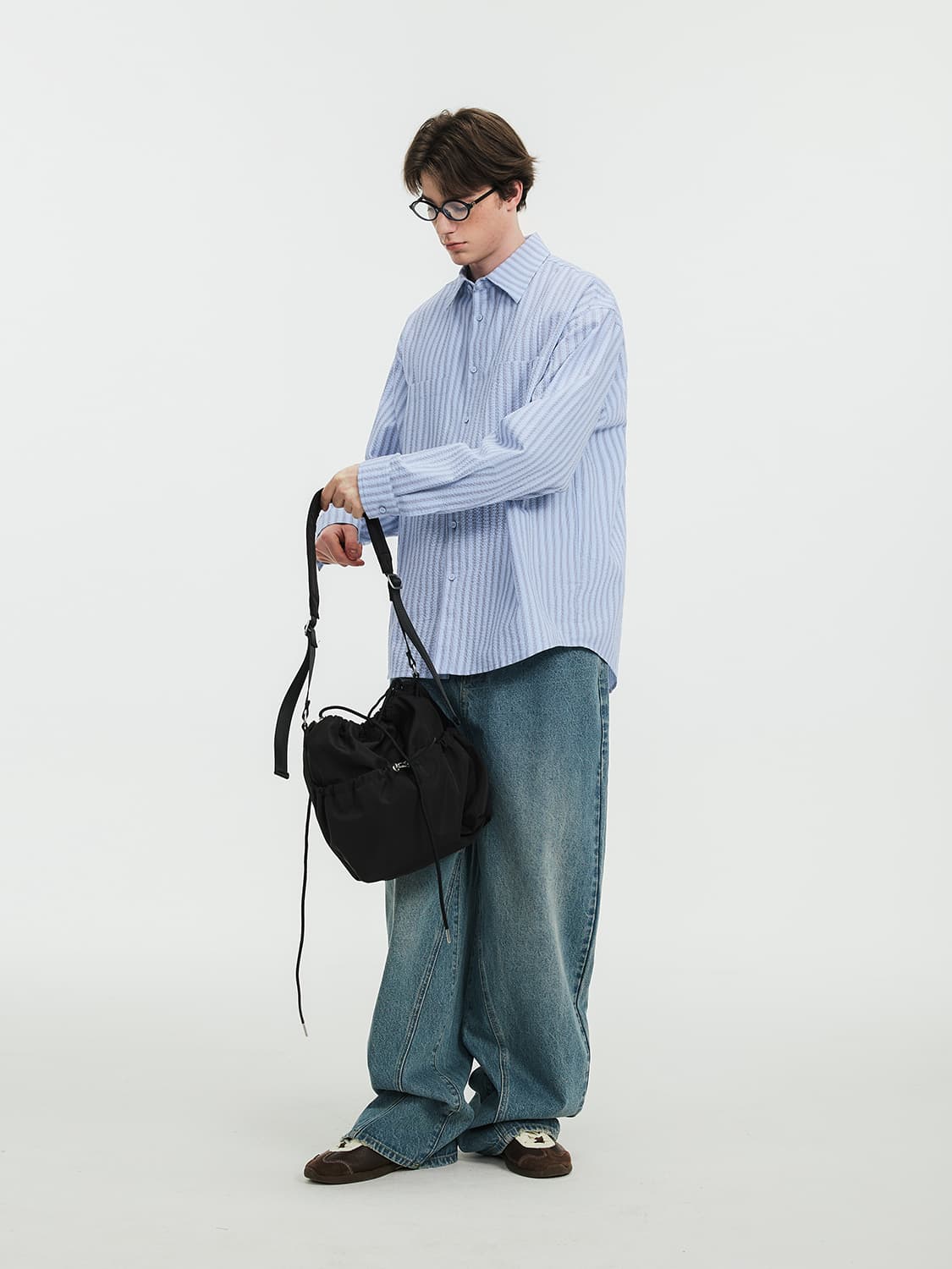 青ファッション 優雅な縦縞ゆったりシャツ