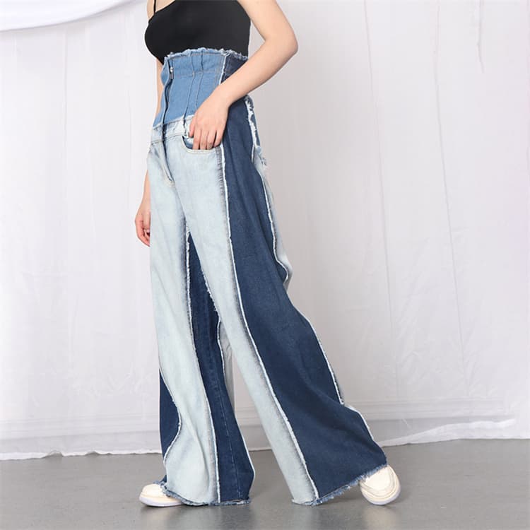 青ファッション デニムワイドパンツ ハイウエスト ゆったりロング