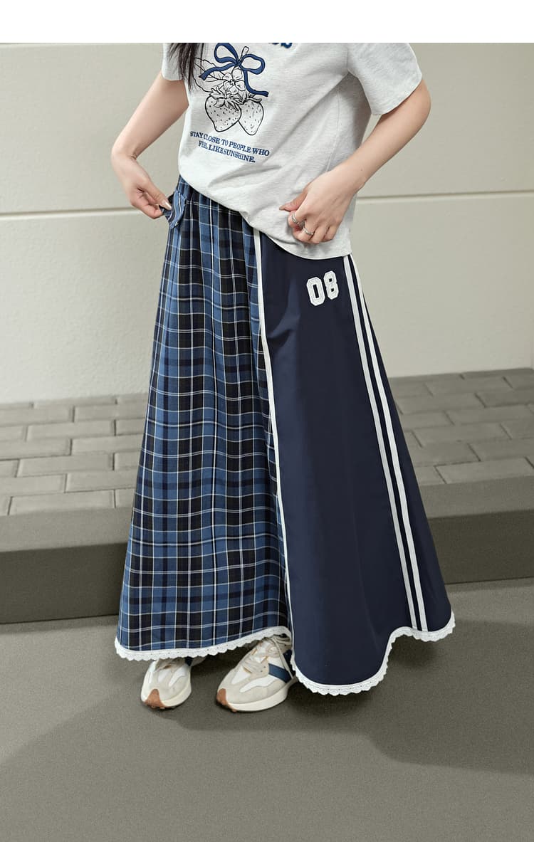 青ファッション スカート 異素材切替マキシ丈ボトムス