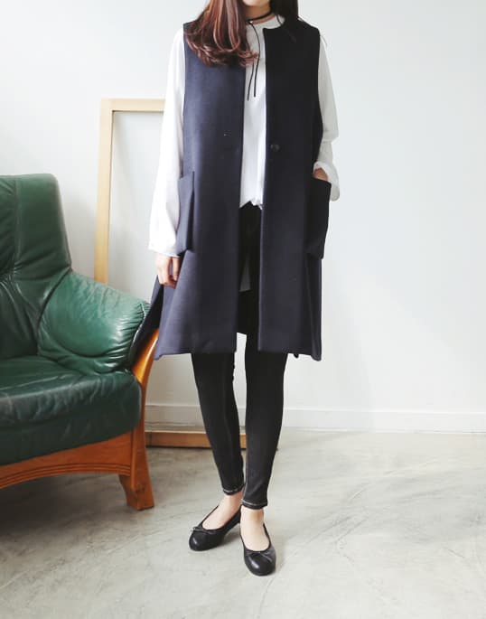 青ファッション ノースリーブロングジャケットベスト