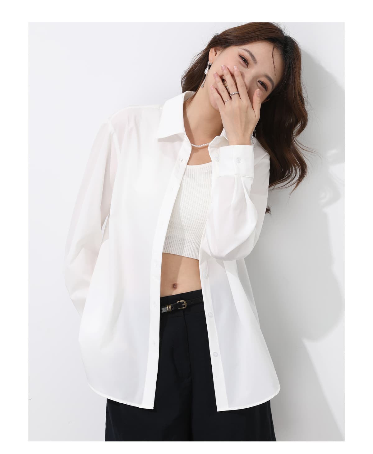 青ファッション シャツ ゆったりシルエット長袖開襟シャツ