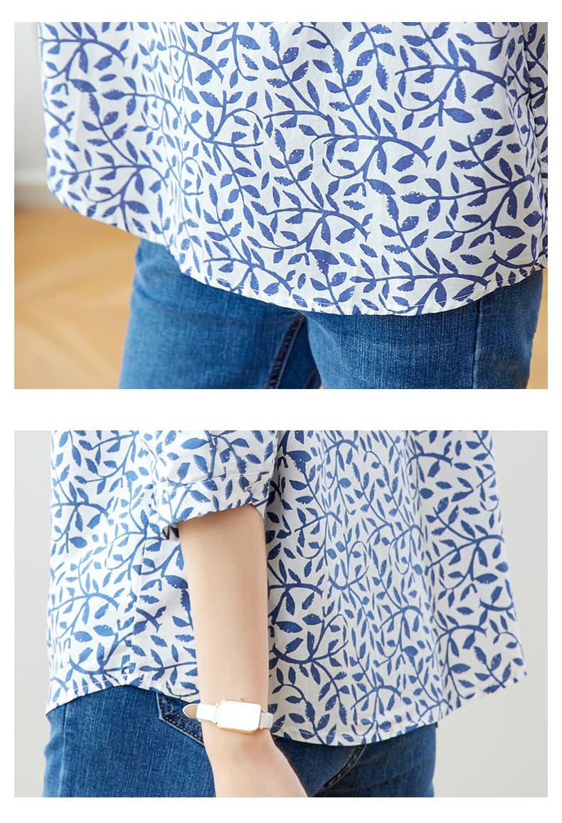 青ファッション 小枝模様のスタンドカラーシャツ