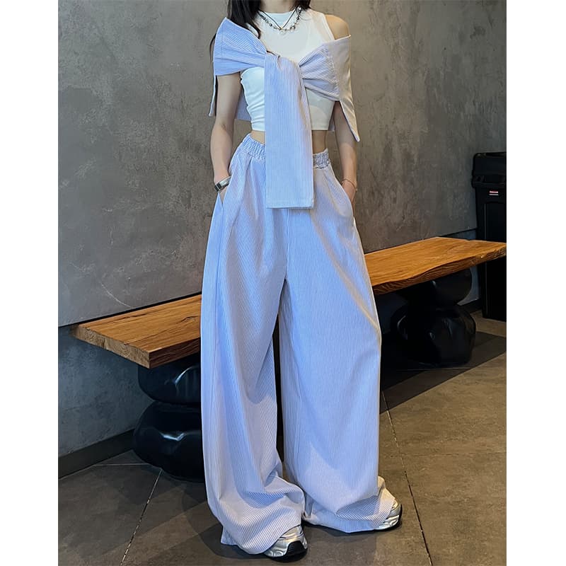 青ファッション リボン結び超ゆるパンツ