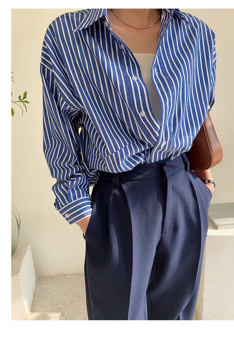 青ファッション シャツ ストライプ柄ゆったりシャツ