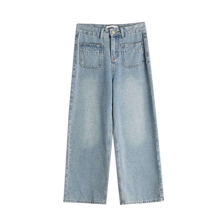 青ファッション 秋の青色ハイウエストワイドデニムパンツ