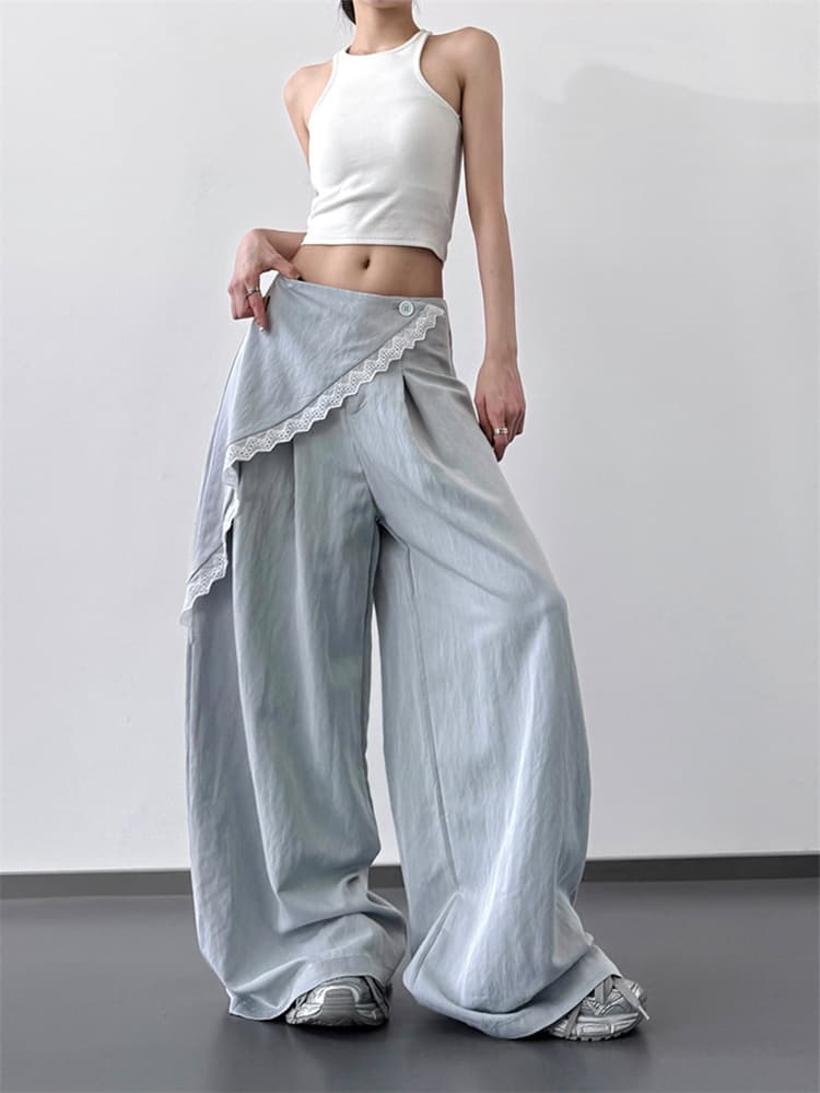 青ファッション 春夏ワイドパンツ ハイウエスト 青系ゆったりシルエット