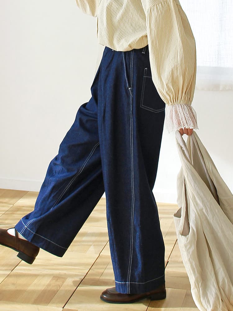 青ファッション ゆったりタックデニムワイドパンツ