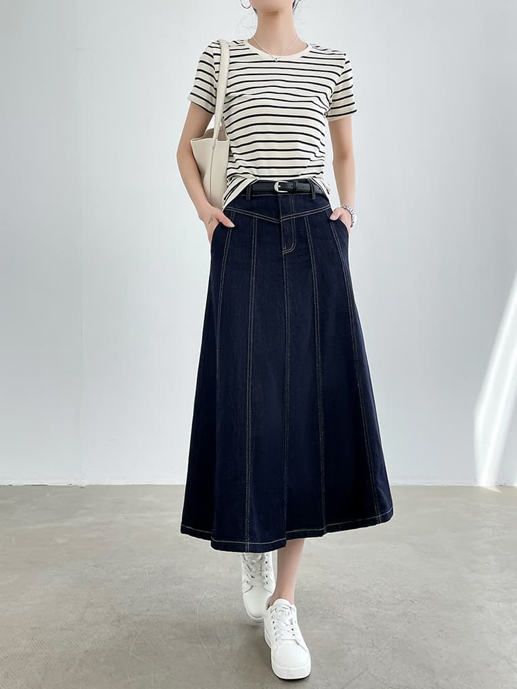 青ファッション ステッチデザインデニムフレアスカート