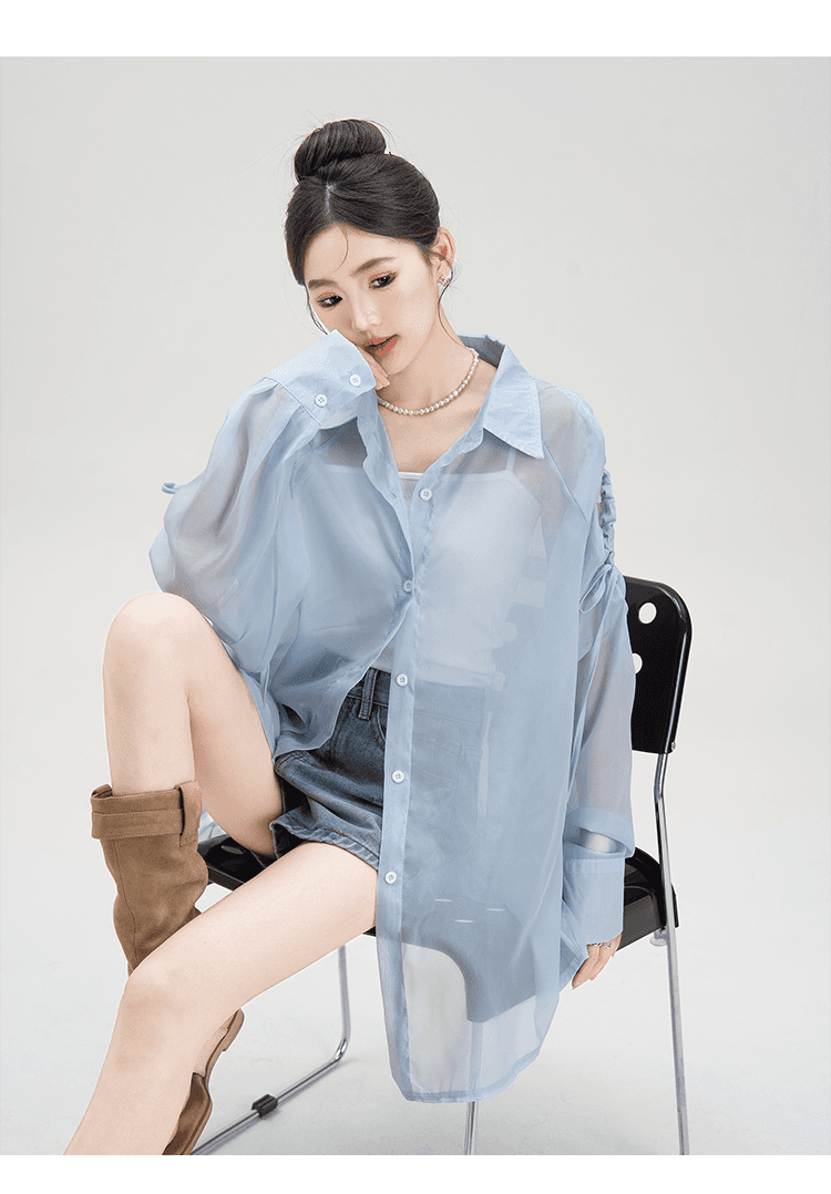 青ファッション 透け感シースルー袖リボンシャツ