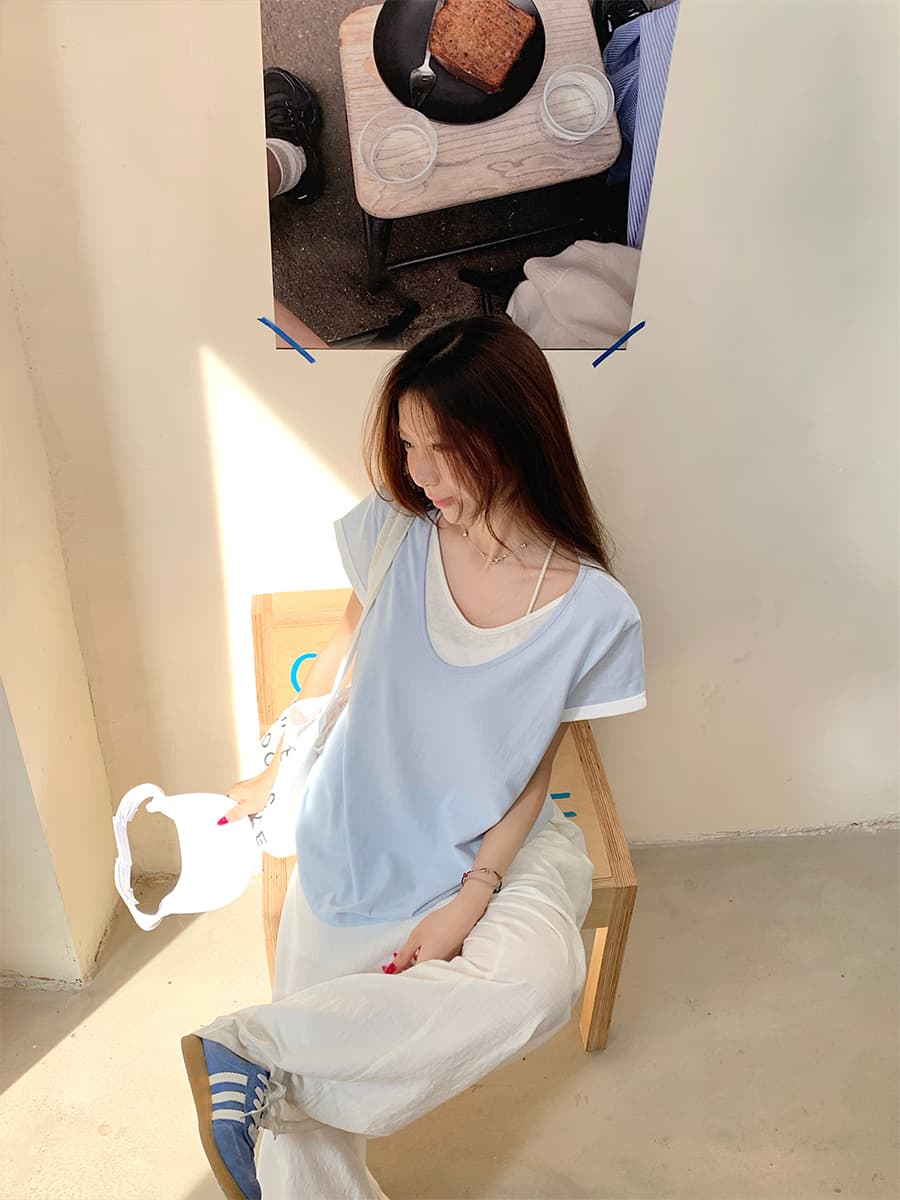 青ファッション 二重襟デザイン半袖シャツ