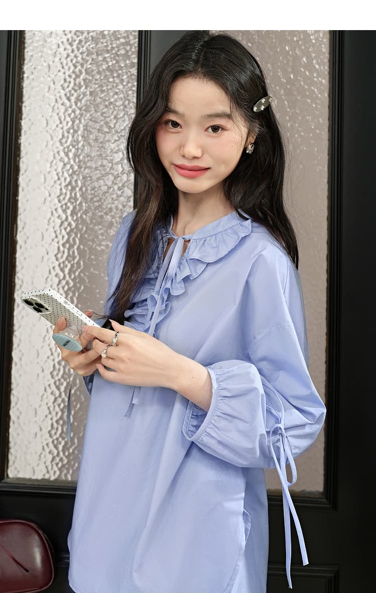 青ファッション ブラウス リボン袖フリルトップス