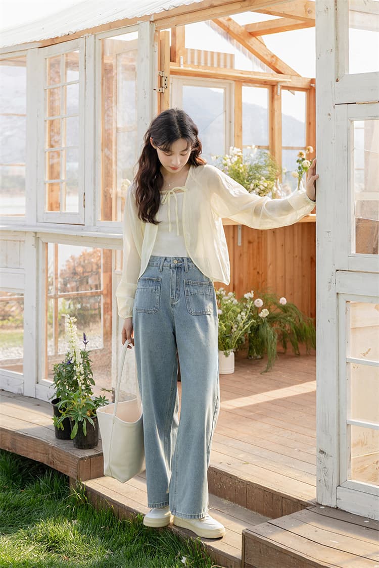 青ファッション 秋の青色ハイウエストワイドデニムパンツ