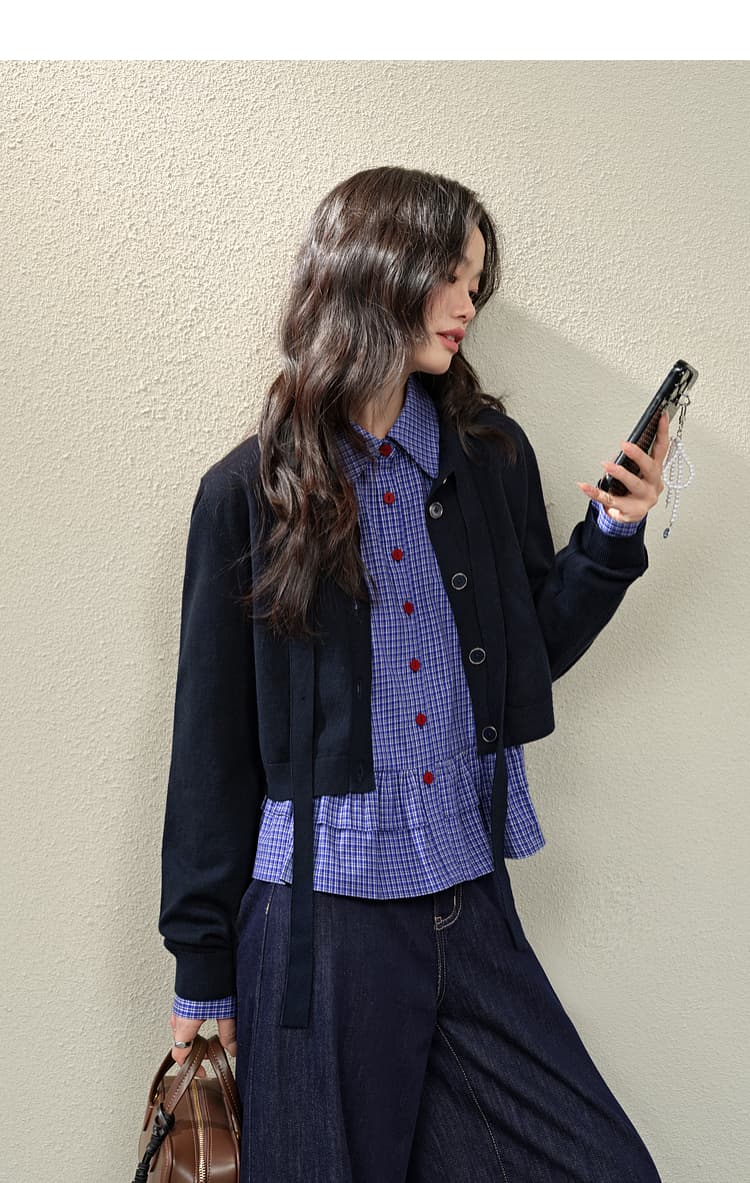 青ファッション シャツ 格子柄フリルペプラムシャツ