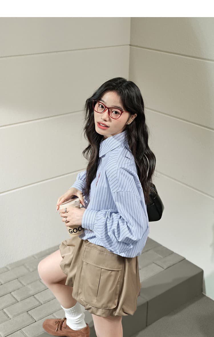青ファッション シャツ ストライプ柄ゆったりシャツ