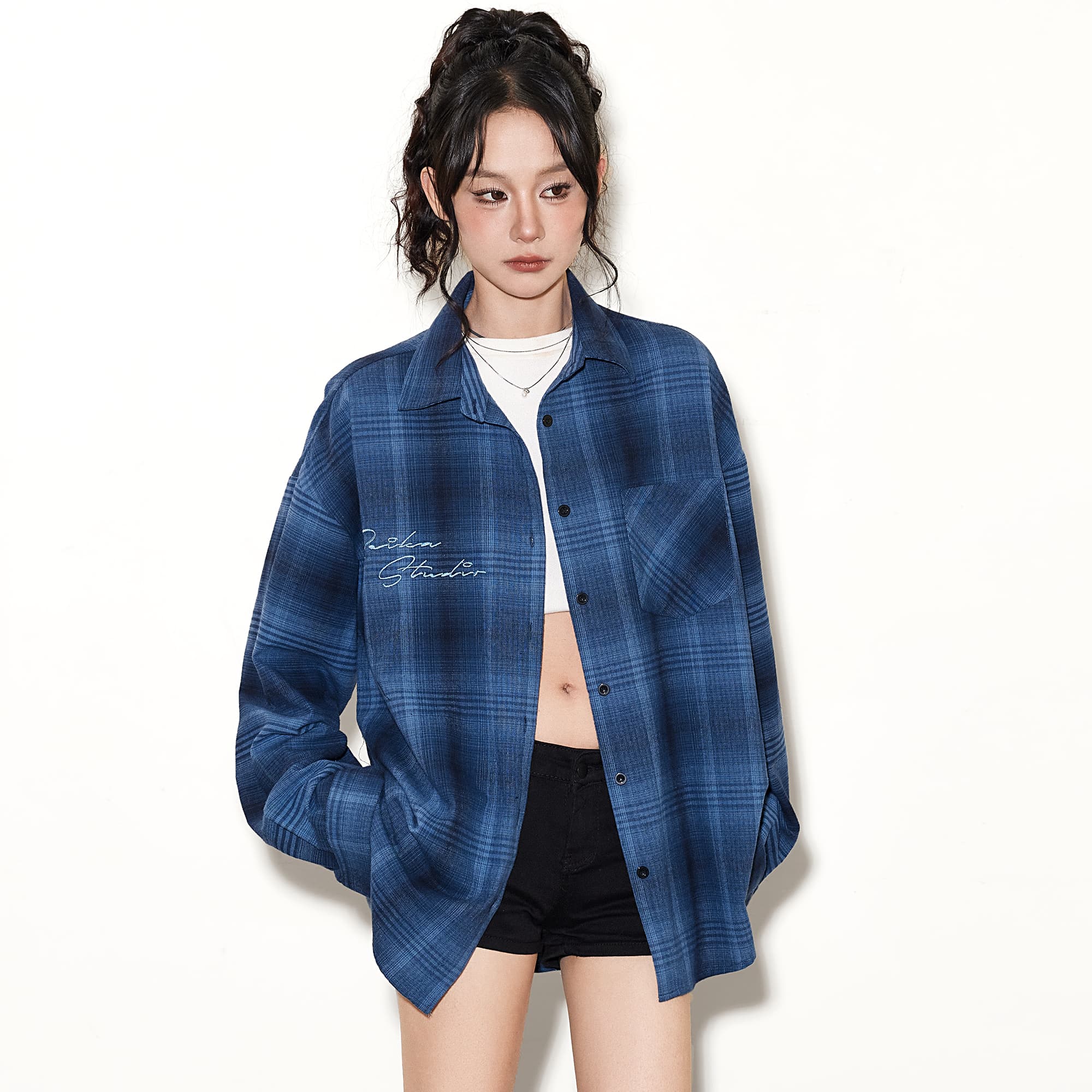 青ファッション シャツ ゆったりチェック柄シャツ