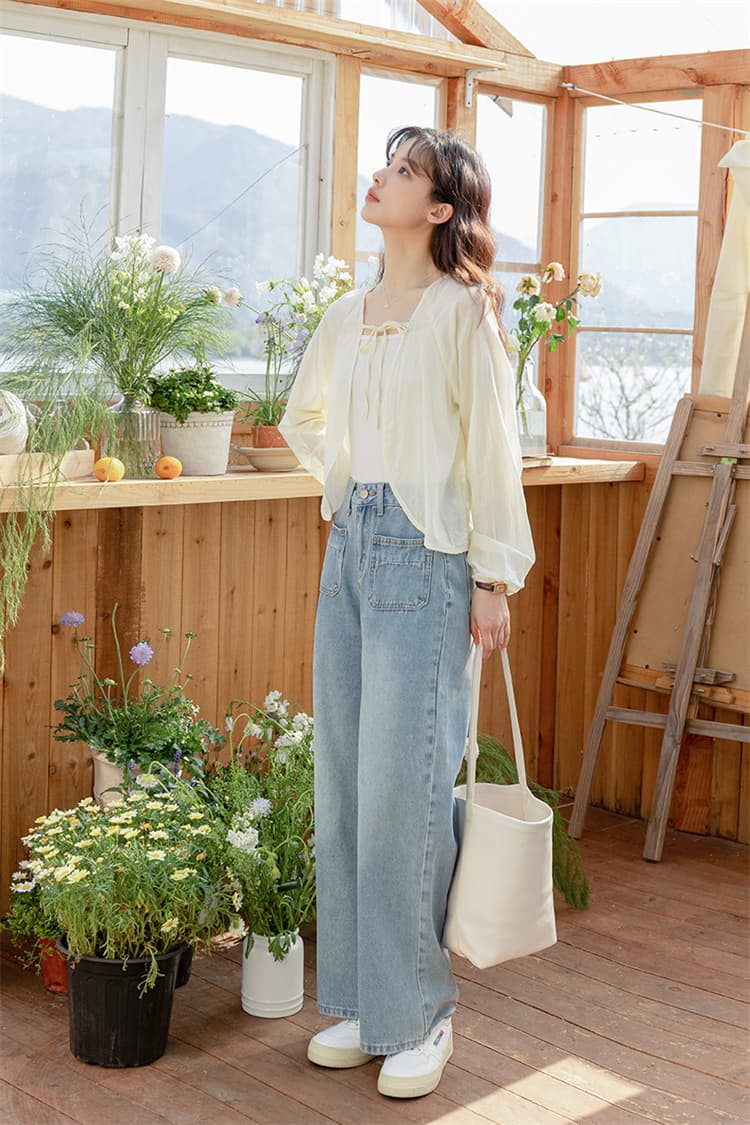 青ファッション 秋の青色ハイウエストワイドデニムパンツ