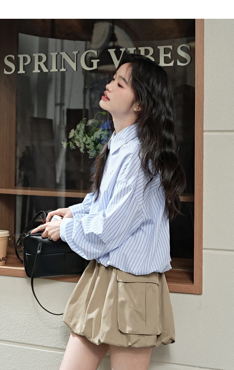 青ファッション シャツ ストライプ柄ゆったりシャツ
