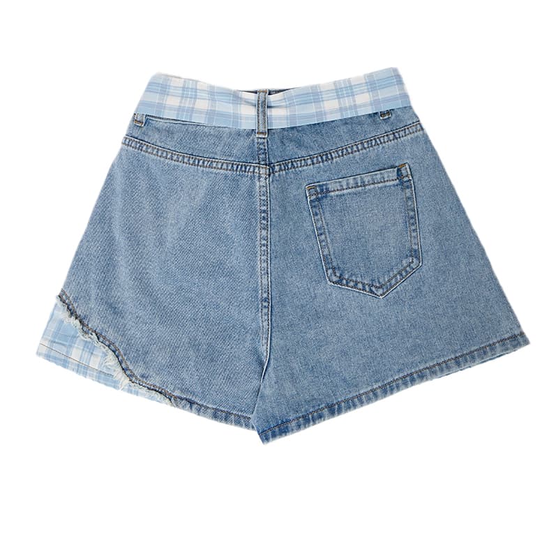 青ファッション チェックリボン付きデニムショートパンツ
