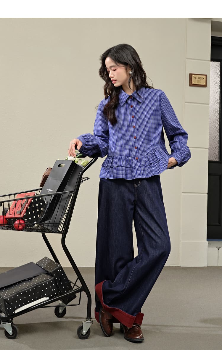 青ファッション シャツ 格子柄フリルペプラムシャツ
