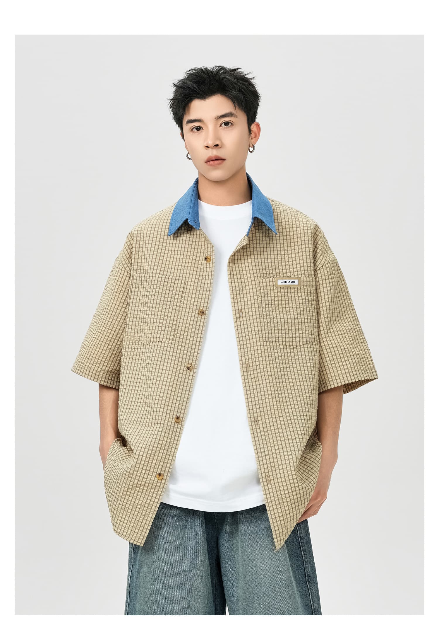 青ファッション 爽やか青格子柄ドレスシャツ
