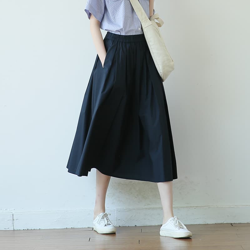 青ファッション ゆったりギャザーミディスカート