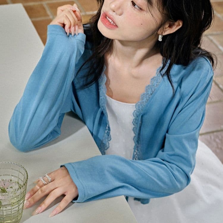青ファッション レース縁取りショートカーディガン