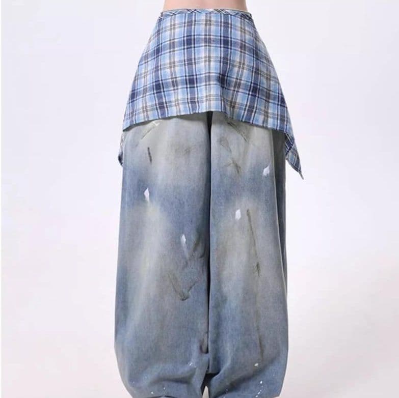 青ファッション チェック重ね風デニムワイドパンツ