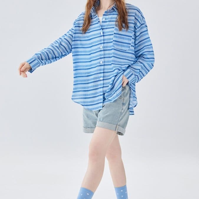 青ファッション 爽やかチェックゆったりブラウス