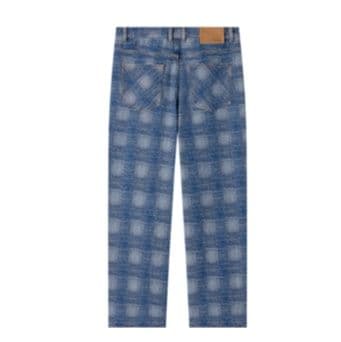 青ファッション 格子模様のワイドデニムパンツ