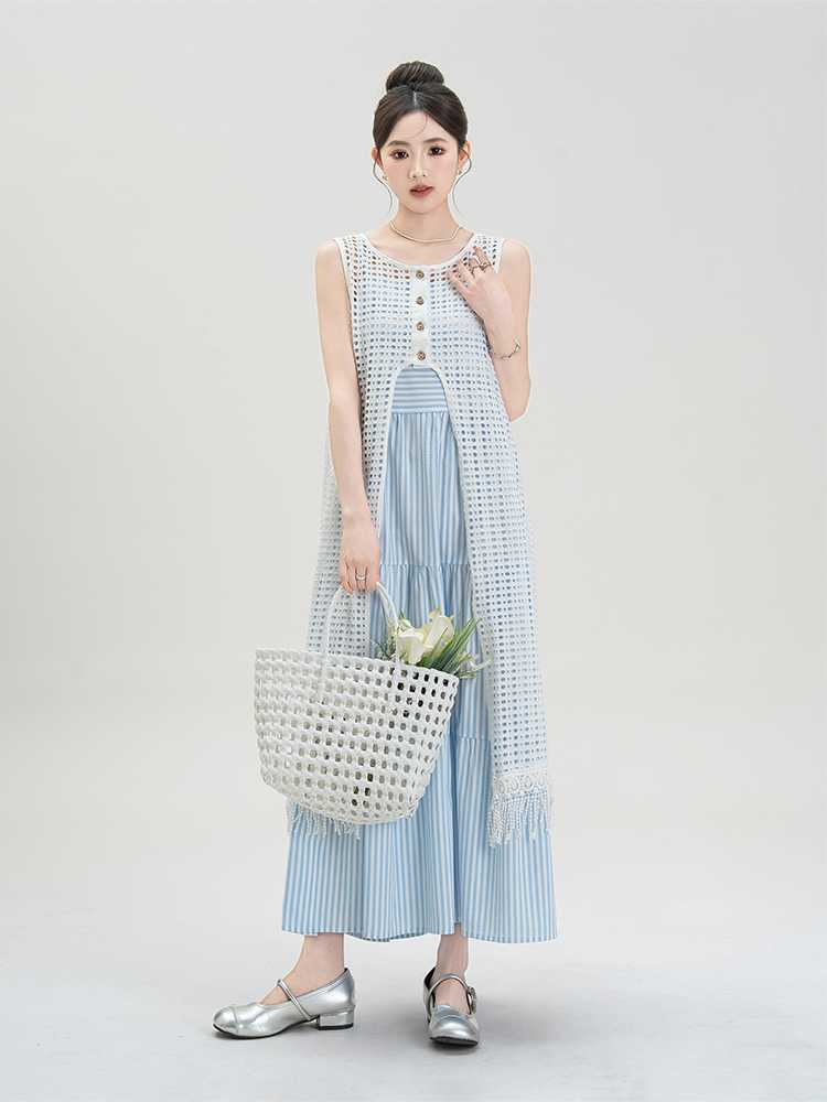 青ファッション レイヤード風マキシスカート